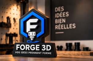 Le symbole officiel Forge 3D, imprimé en bleu et noir, dans un atelier chaleureux.